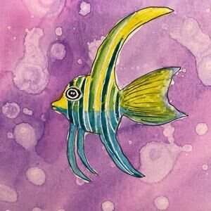 Hand painted watercolor original painting angel fish 10x7”